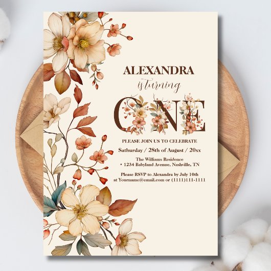 Modern chic wildflower script 1e verjaardag kaart