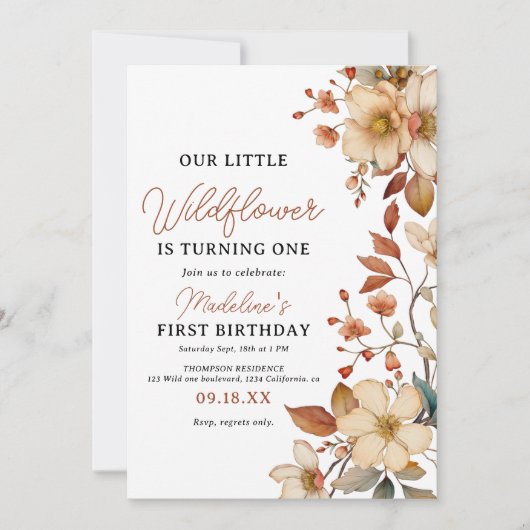 Modern Chic Wildflower Script 1e verjaardag meisje Kaart (Voorkant)