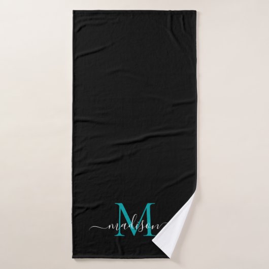 Modern Chic Zwart Blauwgroen Groen Monogram Script Badhanddoek (Badhanddoek)