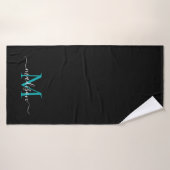 Modern Chic Zwart Blauwgroen Groen Monogram Script Badhanddoek (Badhanddoek)