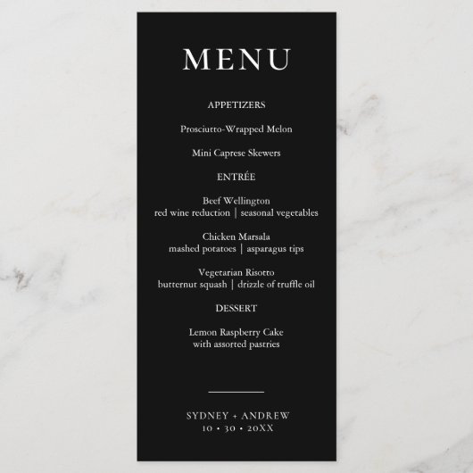 Modern Chic Zwart Elegant Huwelijk Menu (Voorkant)