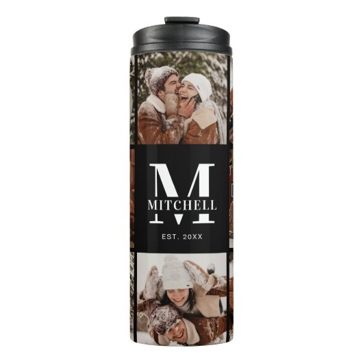 Modern Chic Zwart Monogrammed & Fotocollage Daar Thermosbeker (Voorkant)