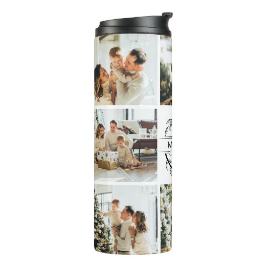 Modern Chic Zwart Monogrammed & Fotocollage Thermosbeker (Gedraaid links)