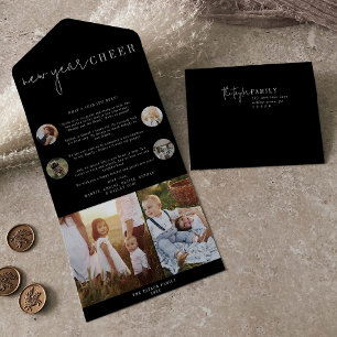 Modern chic   Zwart Nieuwjaar Cheer Multi Foto All In One Uitnodiging