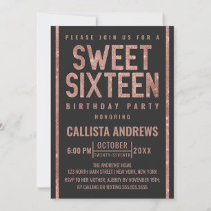 Modern Chic Zwart Roos Goud Glitter Lijst Sweet 16 Kaart