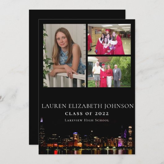 Modern Chicago Skyline 3 Photo Collage Afstuderen Aankondiging (Voorkant / Achterkant)