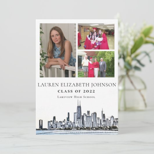 Modern Chicago Skyline 3 Photo Collage Afstuderen Aankondiging (Staand voorkant)