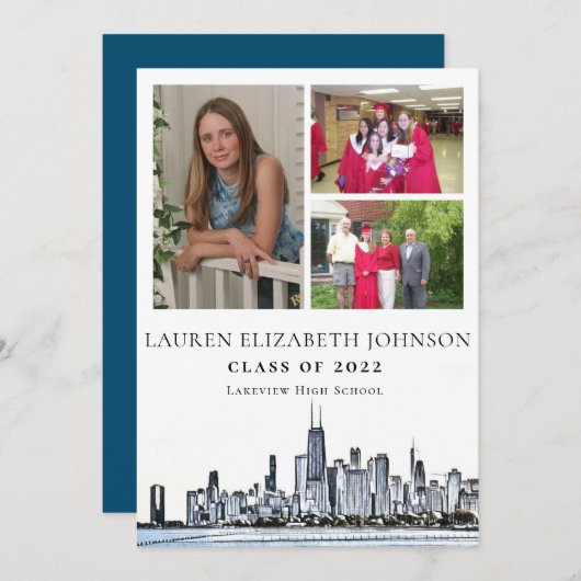 Modern Chicago Skyline 3 Photo Collage Afstuderen Aankondiging (Voorkant / Achterkant)