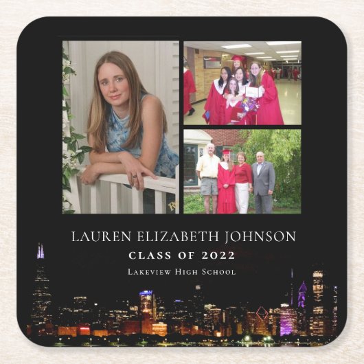 Modern Chicago Skyline 3 Photo Collage Afstuderen Kartonnen Onderzetters (Voorkant)