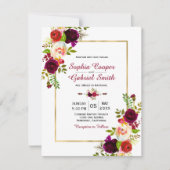Modern Chich Burgundy Floral Gold Lijst Wedding Kaart (Voorkant)