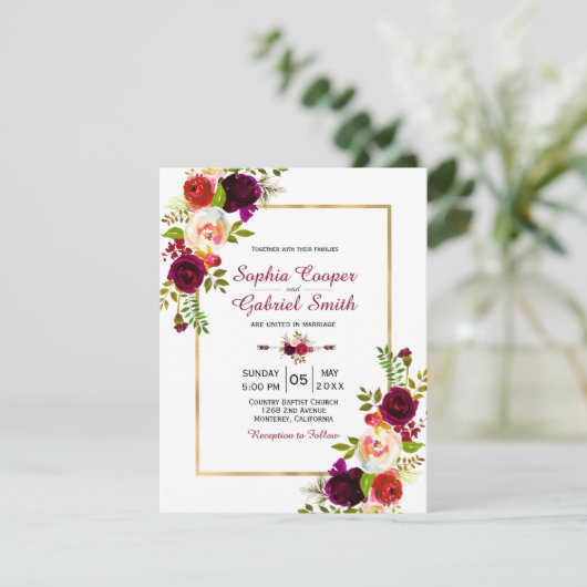 Modern Chich Burgundy Floral Gold Lijst Wedding Kaart (Staand voorkant)