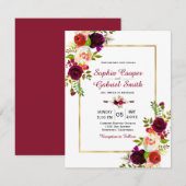 Modern Chich Burgundy Floral Gold Lijst Wedding Kaart (Voorkant / Achterkant)
