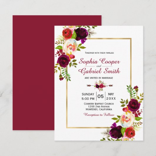 Modern Chich Burgundy Floral Gold Lijst Wedding Kaart (Voorkant / Achterkant)