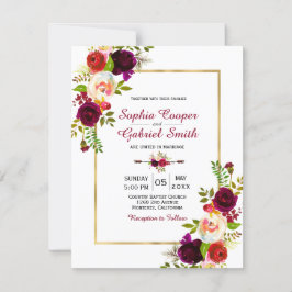 Modern Chich Burgundy Floral Gold Lijst Wedding Kaart