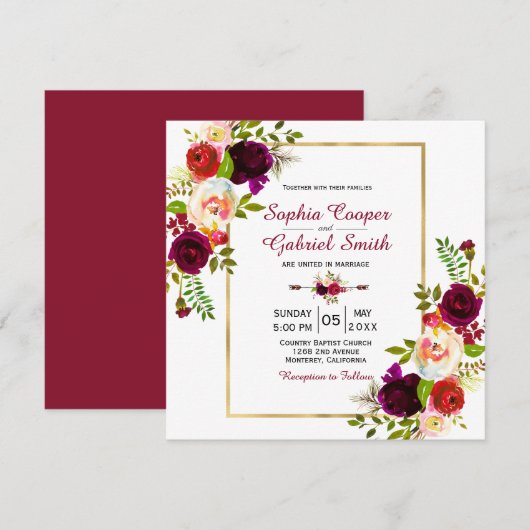 Modern Chich Burgundy Floral Gold Lijst Wedding Kaart (Voorkant / Achterkant)