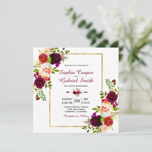 Modern Chich Burgundy Floral Gold Lijst Wedding Kaart (Staand voorkant)
