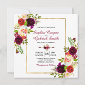 Modern Chich Burgundy Floral Gold Lijst Wedding Kaart (Voorkant)