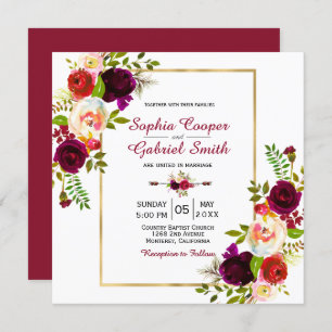 Modern Chich Burgundy Floral Gold Lijst Wedding Kaart