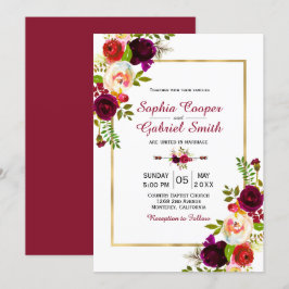 Modern Chich Burgundy Floral Gold Lijst Wedding Kaart