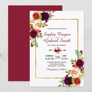 Modern Chich Burgundy Floral Gold Lijst Wedding Kaart