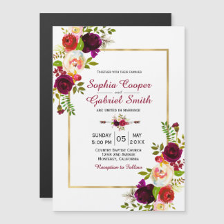 Modern Chich Burgundy Floral Gold Lijst Wedding Magnetische Uitnodiging