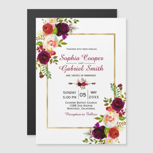 Modern Chich Burgundy Floral Gold Lijst Wedding Magnetische Uitnodiging (Voorkant / Achterkant)