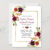 Modern Chich Burgundy Floral Gold Lijst Wedding Magnetische Uitnodiging (Voorkant)
