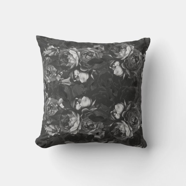 Modern Chick Black Roos Floral botanisch Kussen (Voorkant)