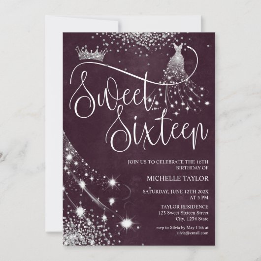 Modern Chick Bourgondië Zilver Glitter Zoet 16 Kaart (Voorkant)