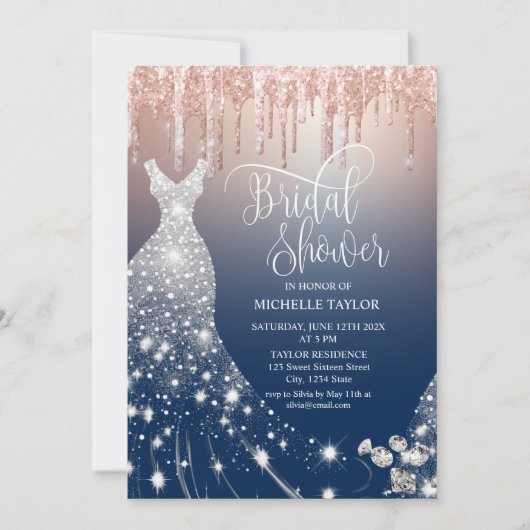 Modern Chick Roos Gold Navy Glitter Trouwjurk Kaart (Voorkant)