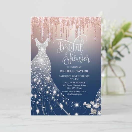 Modern Chick Roos Gold Navy Glitter Trouwjurk Kaart (Staand voorkant)