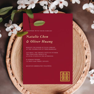 Modern Chinees Dubbel Geluk Huwelijk Rood + Goud Folie Uitnodiging