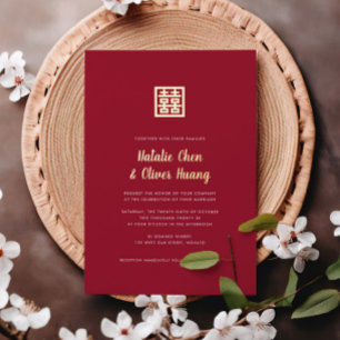 Modern Chinees Dubbel Geluk Huwelijk Rood + Goud Folie Uitnodiging