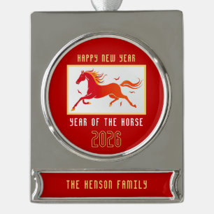 Modern Chinees Paard Nieuwjaar 2026 Verzilverd Banner Ornament