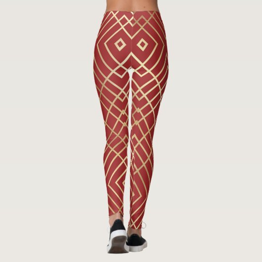 Modern Chinees rood kunstdeco Geometric Pattern Leggings (Achterkant)