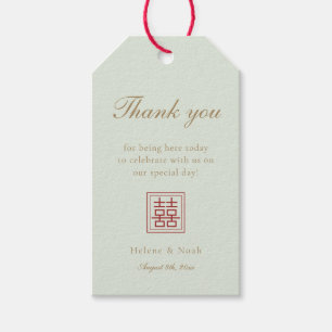 Modern Chinees Sage Olijfgroene Dubbele Geluk Huwe Cadeaulabel