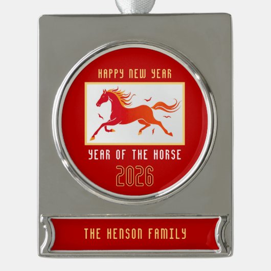 Modern Chinese Horse New Year 2026  Verzilverd Banner Ornament (Voorkant)