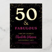 Modern chique 50ste verjaardagsfeestje roze zwart  folie uitnodiging (Voorkant)
