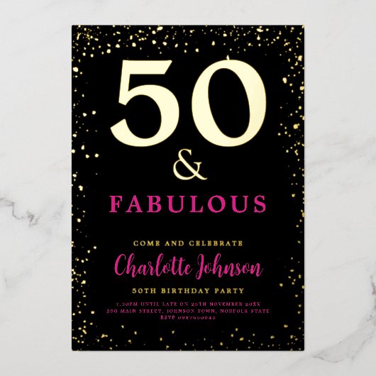 Modern chique 50ste verjaardagsfeestje roze zwart  folie uitnodiging (Voorkant)