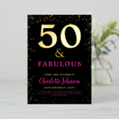 Modern chique 50ste verjaardagsfeestje roze zwart  folie uitnodiging (Staand Voorkant)