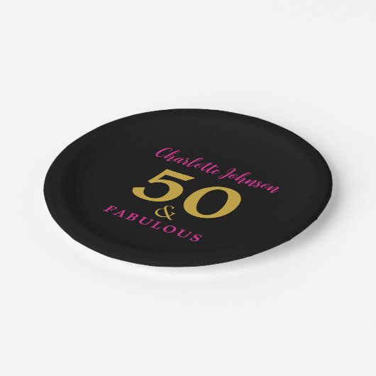 Modern chique 50ste verjaardagsfeestje zwart roze  papieren bordje (Gekanteld)