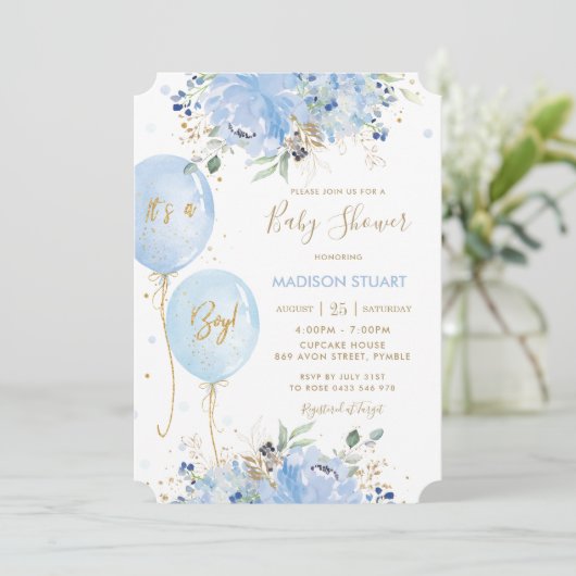 Modern chique blauw bloemballonnen jongen Baby sho Kaart (Staand voorkant)