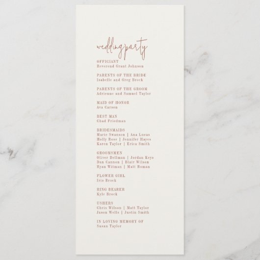 Modern chique Boho crème plat huwelijksprogramma Programmakaart (Achterkant)