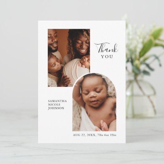 Modern chique boog inzet twee foto geboorte aankon aankondiging (Staand voorkant)