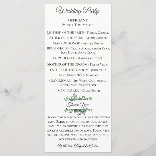 Modern chique Eucalyptus gebladerte huwelijksprogr Programmakaart (Achterkant)