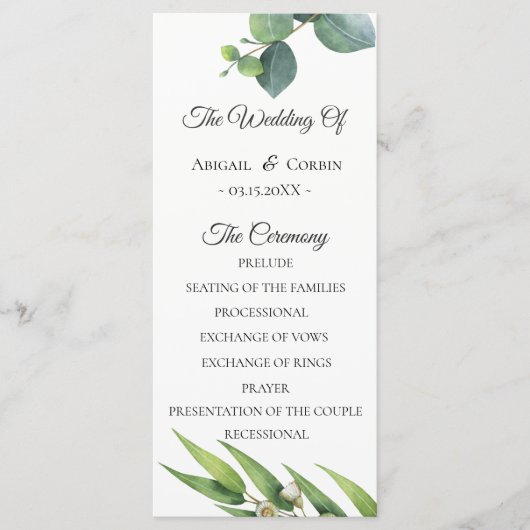Modern chique Eucalyptus gebladerte huwelijksprogr Programmakaart (Voorkant)