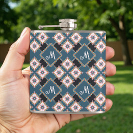 Modern chique geometrisch bloemenmonogrampatroon heupfles