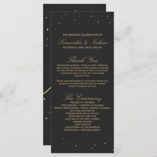 Modern chique goud gespikkeld op zwart bruiloft pr programmakaart (Voorkant / Achterkant)