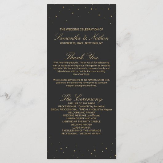 Modern chique goud gespikkeld op zwart bruiloft pr programmakaart (Voorkant)