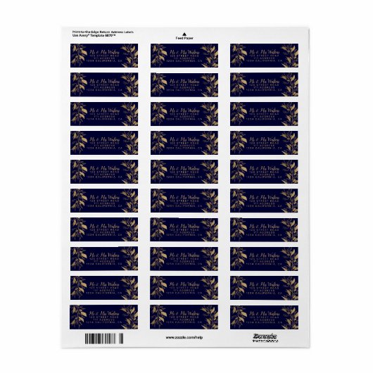 Modern chique goud navy blauw tak script bruiloft etiket (Full Sheet)